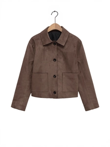 Women Faux Suede Moto Jacket Vintage Brown Long Sleeve Lapel Loose Button Front Outerwear Streetwear Short Coat With Pockets