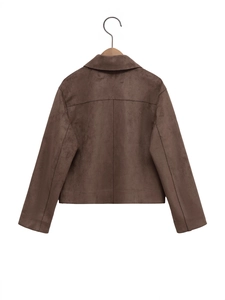 Women's dark brown faux suede moto jacket with turn-down collar and vintage texture