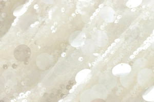 Detail shot of white sequins and sheer mesh fabric on this autumn kimono jacket