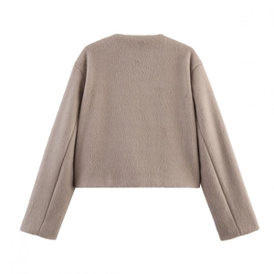 Back view of minimalist beige faux fur cropped jacket with round neck and long sleeves