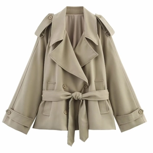 Classic khaki short trench coat with double-breasted buttons and adjustable waist belt