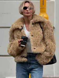 Veste en Fausse Fourrure pour Femmes Fausse Laine d'Agneau Revers Manches Longues Simple Boutonnage Manteau d'Hiver Khaki