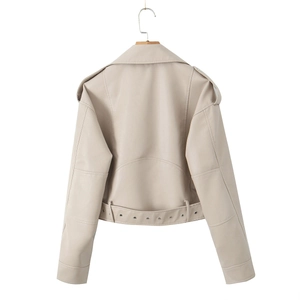 Back view of a cropped cream faux leather biker jacket featuring adjustable waist belts