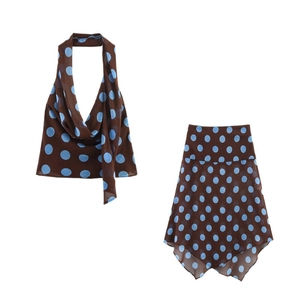 Ensemble haut dos nu et jupe irrégulière à pois marron et bleu ciel pour femme