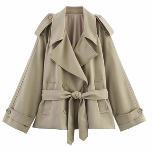 Short khaki trench coat with oversized lapels, double-breasted buttons and waist belt