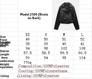 Guide des tailles pour veste motard en similicuir avec mesures et composition textile