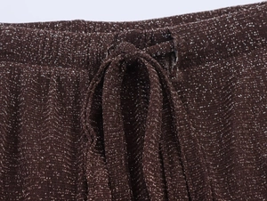 Detail of glitter brown trousers with metallic texture, elastic waist and drawstring cord