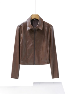 Women's Street Fashion PU Faux Leather Jacket Short Lapel Zipper Long Sleeve Outerwear Solid Color Casual Blazer Coat
