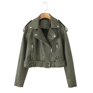 Detail of dark olive faux leather biker jacket with silver zippers and belt buckle
