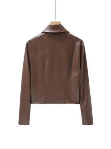Back view of a dark brown cropped PU leather jacket with a classic collar design