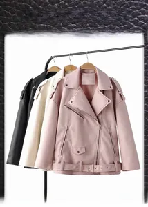 Three-color faux leather biker jackets in pink, white, and black with belt detail