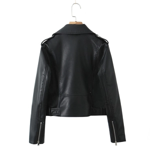 Vue arrière de la veste en cuir PU noir montrant le col et les poignets zippés