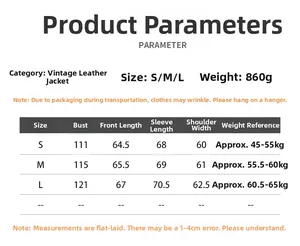 Detailed size chart for vintage leather blazer showing S-L measurements and weight data