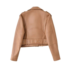 Rear view of brown washed faux leather biker jacket with shoulder tabs and waist belt