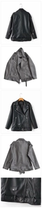 Close-up details of biker leather jacket with asymmetric zippers and adjustable belt straps