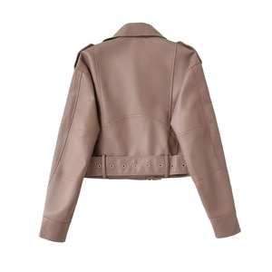 Detail of mocha PU leather biker jacket back with belted waist and metallic eyelets