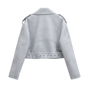 Detail view of the back of a light grey-blue faux leather biker jacket with metal eyelet belt