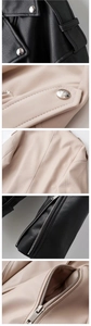 Detail shots of stitching, silver zippers and metal studs on premium PU leather jackets
