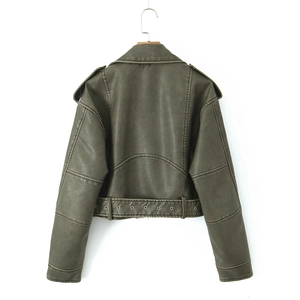 Detail view showing back stitching and belted hem of olive green faux leather jacket