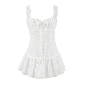 Mini abito bianco in cotone stile francese con ricamo e scollo quadrato alla moda