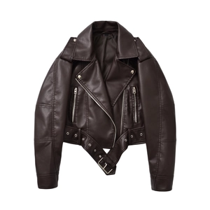 Detailed view of dark brown faux leather biker jacket with asymmetric metal zipper and belt