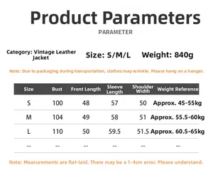 Size chart table for vintage PU leather biker jacket with measurements and weight details