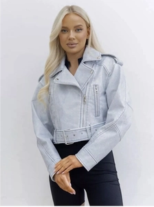 Detail of light blue faux leather biker jacket featuring wide belt and metallic buckle