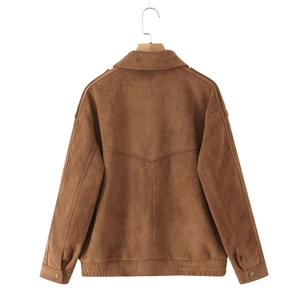 Detail view of brown suede jacket back with V-shaped yoke and elastic hem detailing