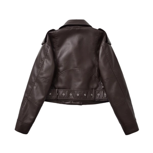 Back view of dark brown faux leather biker jacket with eyelet belt and shoulder tabs