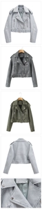 Detail view of vintage PU leather biker jacket with asymmetrical zippers and belted waist