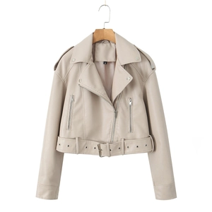 Giacca Biker da Donna in Ecopelle PU Cappotto Moto Corto Con Cintura Revers Manica Lunga Casual Chic Cerniera Capispalla Moda Primavera