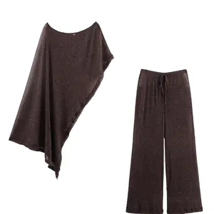 Women Casual Metallic Thread Asymmetrical Cape Top And Wide-Leg Pants Top And Bottom Streetwear Party Outfit