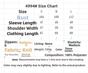 Size chart table for off-shoulder knit sweater showing bust, sleeve, and length metrics