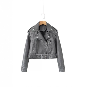 Women Vintage Faux Leather Biker Jacket Cropped PU Moto Coat With Belt Lapel Zip Up Long Sleeve Casual Fall Outerwear