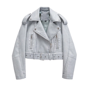 Women's Vintage PU Leather Motorcycle Jacket Washed Faux Leather Short Biker Coat With Belt Lapel Zipper Outerwear