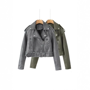 Women's vintage PU leather biker jacket with lapel collar and waist belt in grey and green