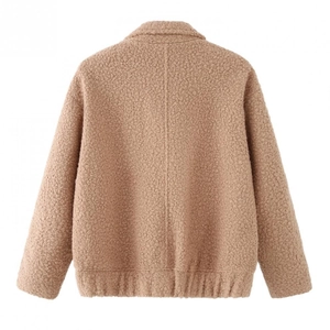 Women's warm light brown faux shearling jacket with long sleeves and lapel collar