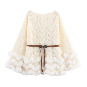 Detailed view of off-white crochet knit texture with faux fur trim and retro belt detail