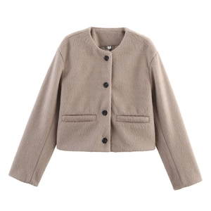 Women Casual Faux Fur Short Jacket Round Neck Long Sleeve Camel Plush Coat With Buttons And Pockets Outerwear Streetwear
