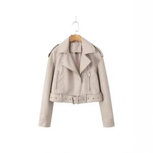 Women's faux leather moto jacket in beige with notch lapels and adjustable waist belt