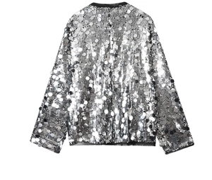 Back view of silver jacket featuring large metallic sequins and long sleeves