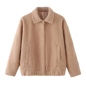 Women's winter solid color teddy jacket with lapel collar and pockets in brown