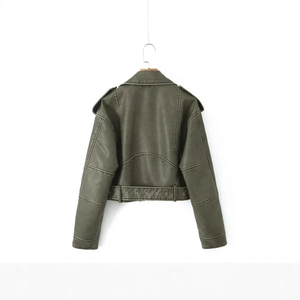 Back view of a cropped olive green faux leather moto jacket with adjustable belted hem