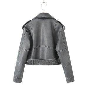 Back view of vintage grey faux leather biker jacket with shoulder straps and metal belt buckle
