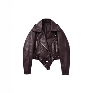 Deep burgundy faux leather motorcycle jacket with metallic zipper and belted hemline