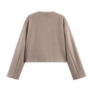 Winter faux fur short jacket with round neck and long sleeves in khaki plush texture