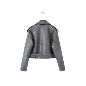Vintage dark grey faux leather motorcycle jacket for women with lapel and metal belt