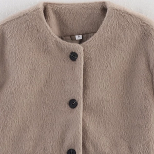 Women's crewneck long sleeve faux fur jacket in khaki with black buttons detail