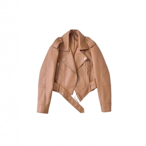 Women's brown PU leather biker jacket with oversized lapels and adjustable waist belt