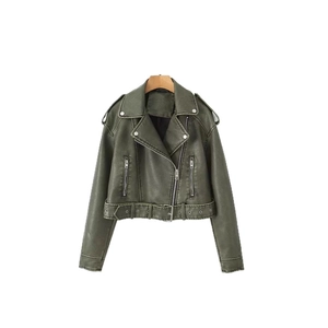 Women's vintage lapel faux leather jacket in olive green with silver hardware detail